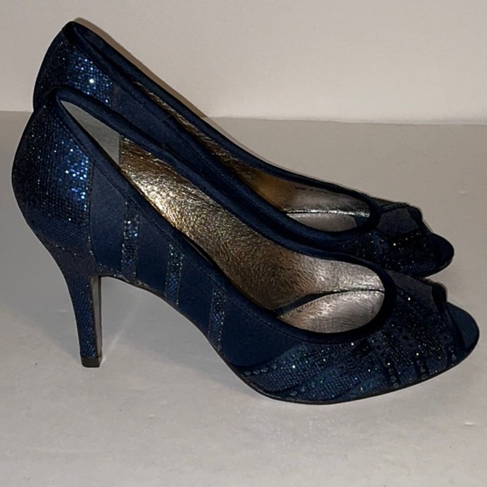 Adrianna Papell, Blue Sparkly Peekaboo toe Heels, Sz 7 - Picture 4 of 9